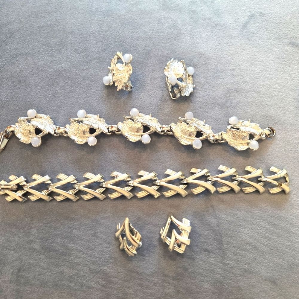 Vintage Silver Costume Jewelry Sets Bracelet and Clip On Earrings.